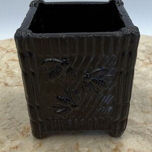 Antique BLACK Amethyst GLASS Bees On Nest Square Matchstick TOOTHPICK Holder